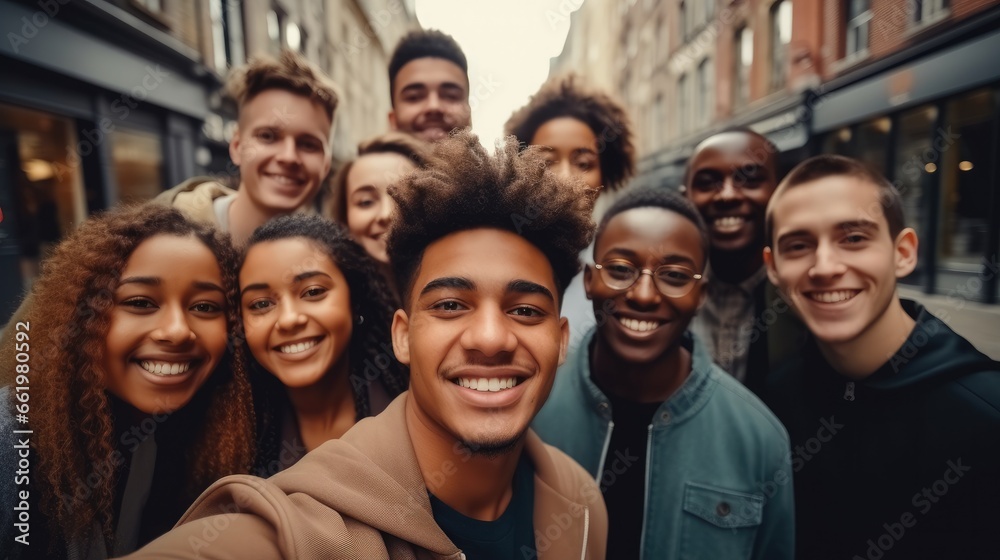Smiling multi ethnic student taking selfie on city street.