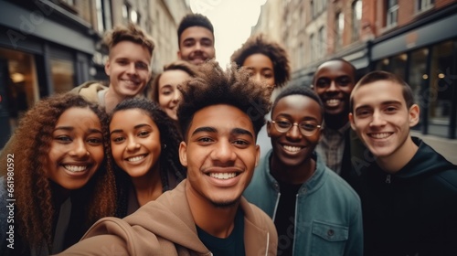 Smiling multi ethnic student taking selfie on city street.