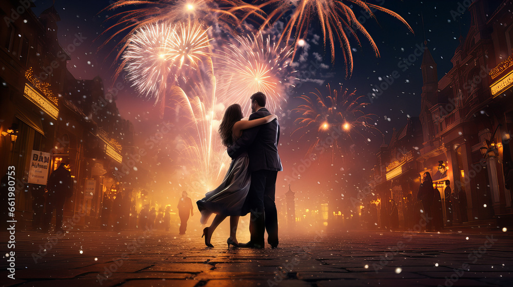 couple is standing hugging on the street at new years eve and is watching the fireworks, sylvester - obrazy, fototapety, plakaty 