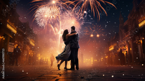 couple is standing hugging on the street at new years eve and is watching the fireworks, sylvester