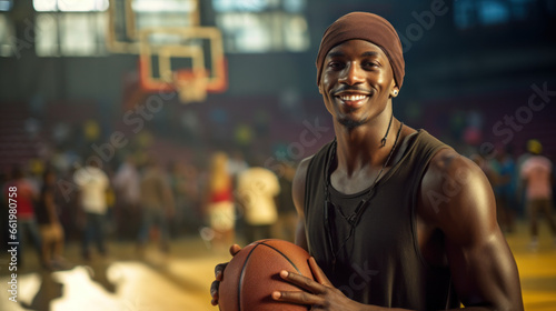 Black basketball player holding a basketball smiling in the stadium
