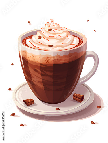Watercolor Illustration of a hot chocolate drink in a mug with whipped cream, isolated on white background