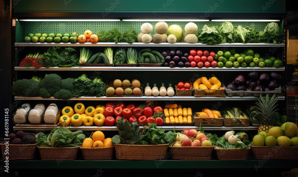 Pełen asortyment warzyw i owoców na półkach w sklepie spożywczym  - obrazy, fototapety, plakaty 