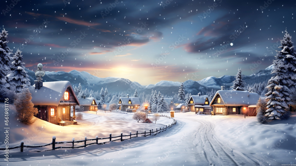 Winter landscape in the village. Christmas time. AI generated