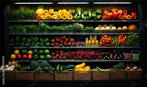 Pełen asortyment warzyw i owoców na półkach w sklepie spożywczym  photo