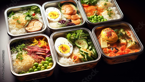 Set of take away food boxes with healthy food. AI generated © Alicina