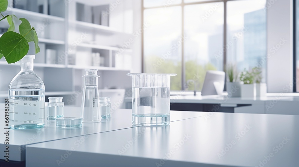 Place for presenting a medical product, clean white table in the laboratory