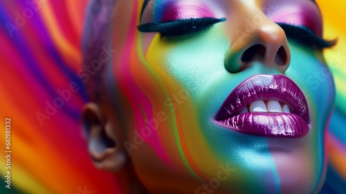Face painted in rainbow colors in close-up, LGBT community concept
