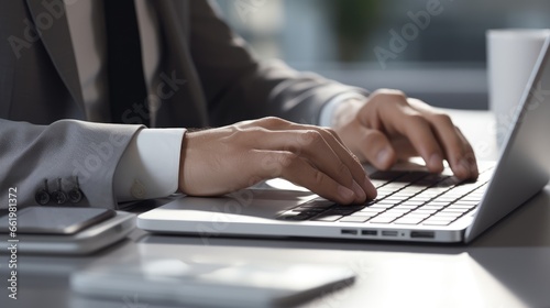Close-up of businessman's hand searching for information on the internet on his desk