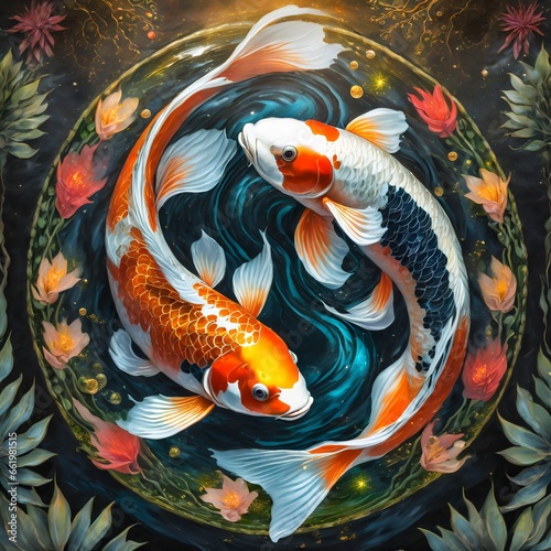 Yin-Yang Koi Harmony: Hypermaximalist 8K Photographic Art, AI generated. photo