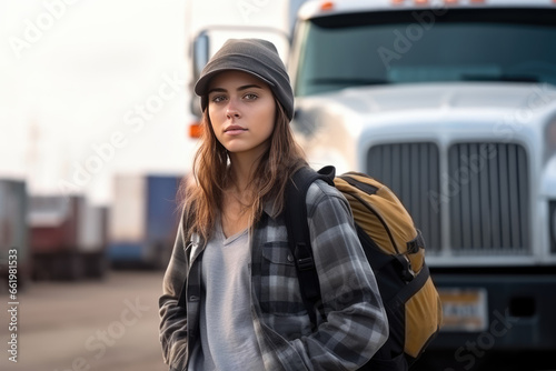 Young Hitchhiker Girl At Truck Stop, Backpacking, Seeking Ride. Сoncept Vintage Inspired Fashion, Rustic Road Trip Vibes, Unexpected Journeys, Nomadic Lifestyle, Strangers Turned Friends
