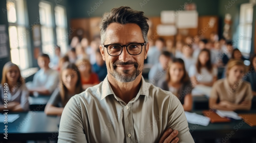 Confident teacher in a class at elementary school with learning students on background. Confident teacher in a class at elementary school with learning students on background.