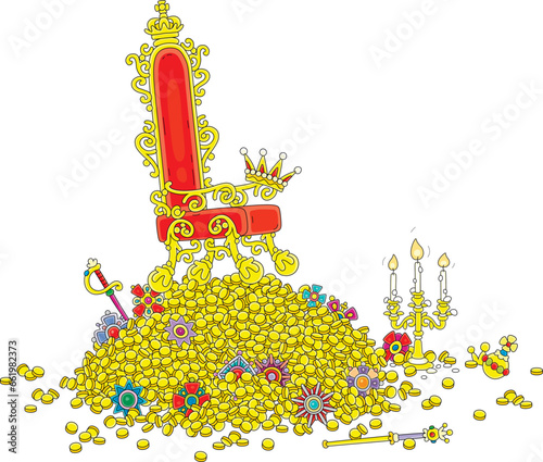 Royal throne on a large pile of gold coins and jewels from a treasury of a fairy kingdom, vector cartoon illustration isolated on a white background