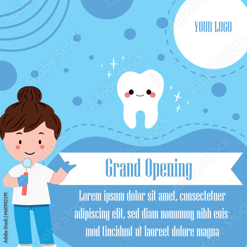 Grand opening banner. A new dental department is opening. Dentistry concept. Vector flat style smiling dentist and tooth illustration