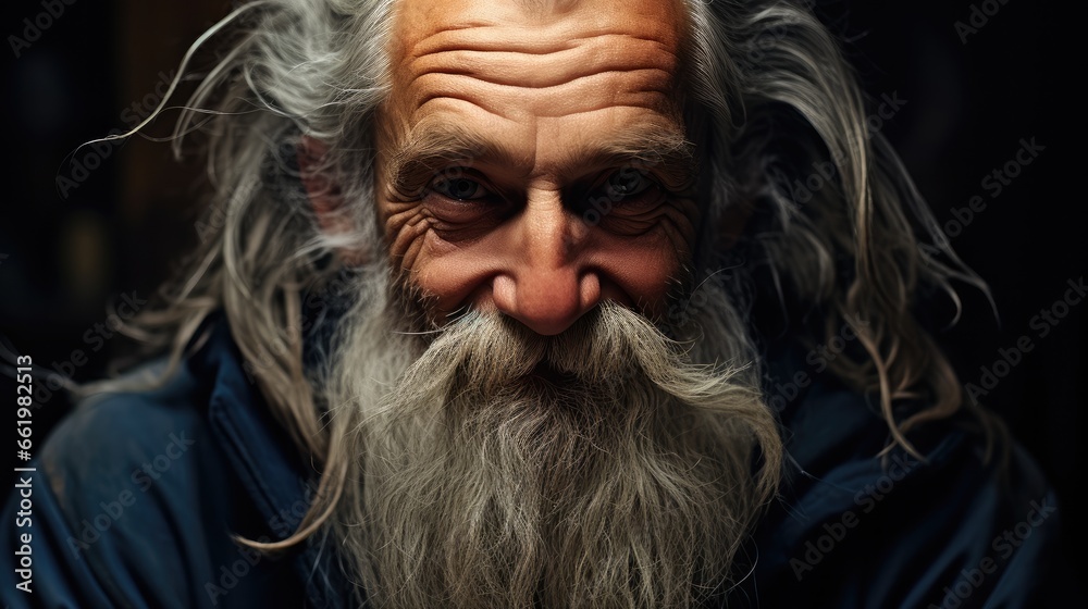 Portrait of very old man with long beard.