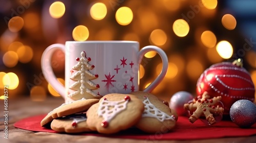 Cup of coffee with christmas cookies on bokeh background. Christmas Concept With a Copy Space.