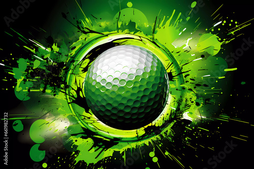 A colorful abstract image of the sport of golf in the style of graffiti. Illustration of the sports competitions of the Summer Olympic Games. A golf ball in multicolored splashes.