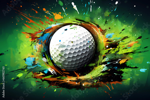 A colorful abstract image of the sport of golf in the style of graffiti. Illustration of the sports competitions of the Summer Olympic Games. A golf ball in multicolored splashes.