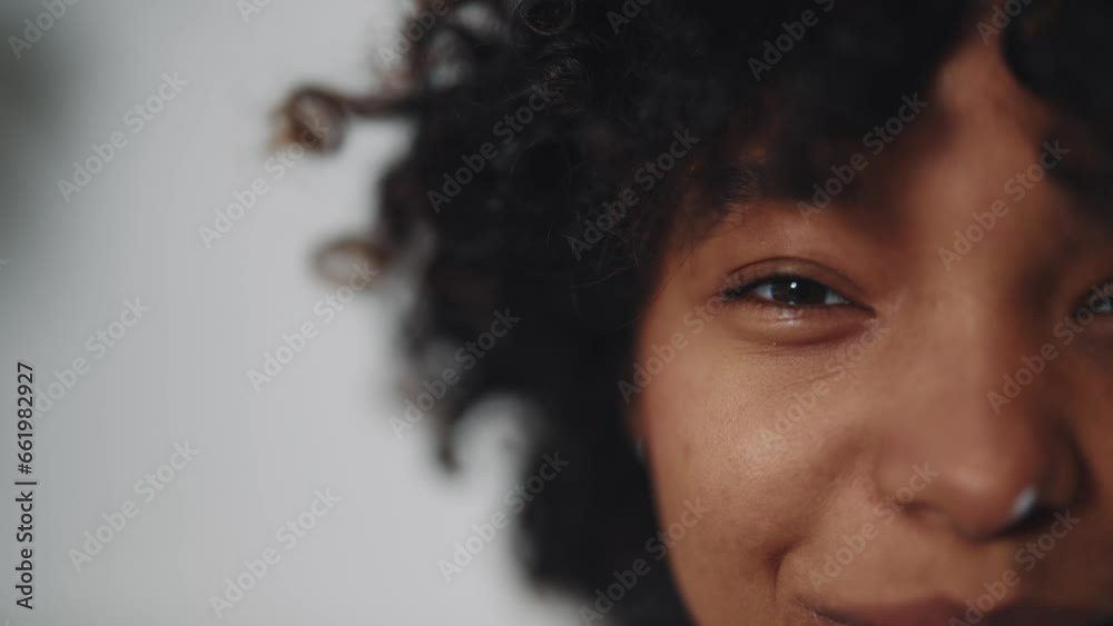 african american woman face close up teeth smile happy. Portrait of ...