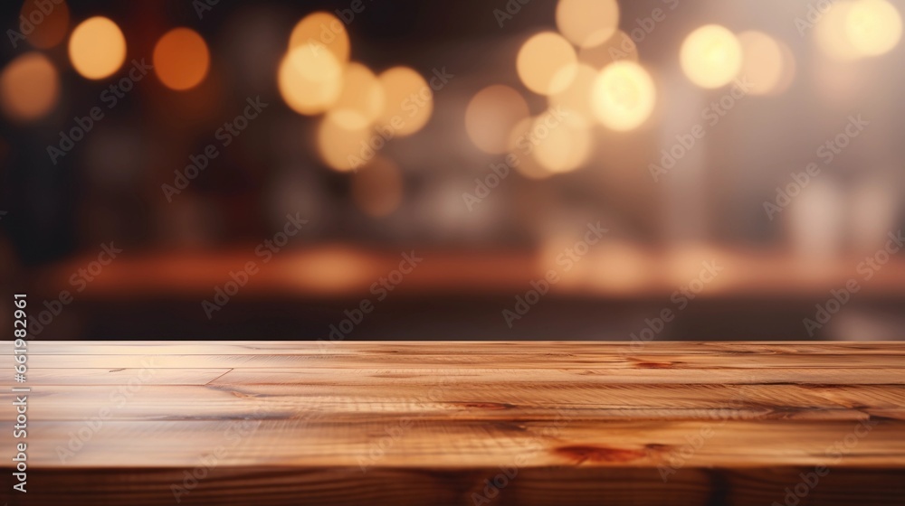 Empty wooden table for product presentation, bokeh effect in the background, natural warm interior