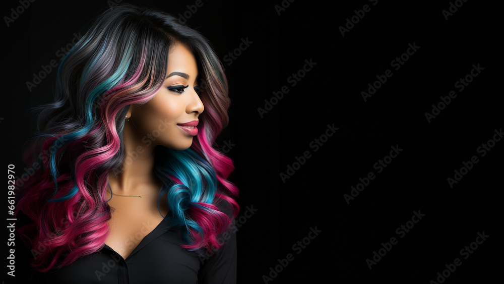 Fototapeta premium Hübsche Frau mit pink blau gefärbten und gelockten Haar mit modernster Frisur und edlen Visagistik Make up als Poster Nahaufnahme Querformat, ai generativ