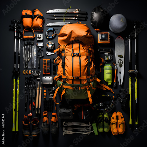 orange bag camping bag camping equipment travel equipment component on a black background Generative AI