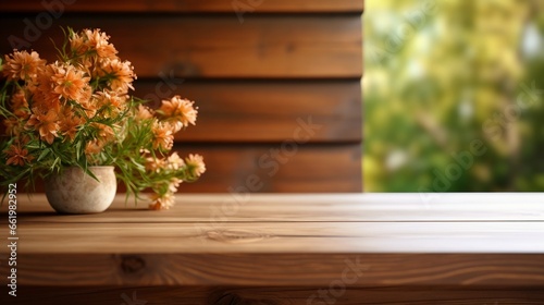 Wooden table with flowers for product presentation, warm interior