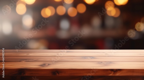 Empty wooden table for product presentation, bokeh effect in the background, natural warm interior © PhotoHunter
