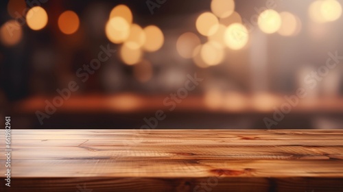 Empty wooden table for product presentation, bokeh effect in the background, natural warm interior