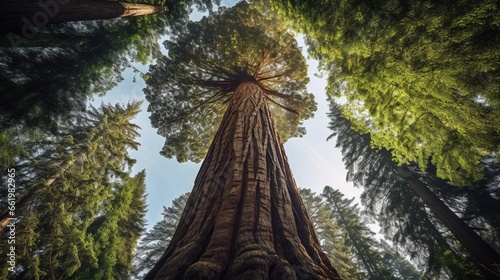 A tall redwood tree captured from a low angle