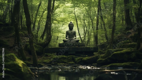 A tranquil forest clearing with a hidden Buddha statue among the trees. © Bea