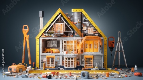 A miniature house with construction tools around it photo