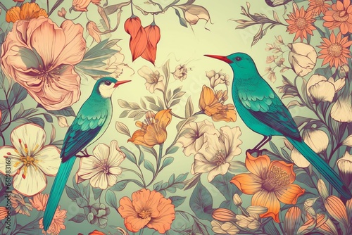 Vintage floral illustration with exotic birds and flowers, suitable for wallpaper, fabric, poster, print, and mural. Generative AI © Beatriz