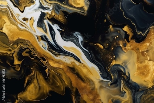 Golden and black liquid marble background with fractal flowers. Resin geode and abstract art, functional art, like watercolor geode painting. 3D wallpaper for wall frames.v2. Generative AI