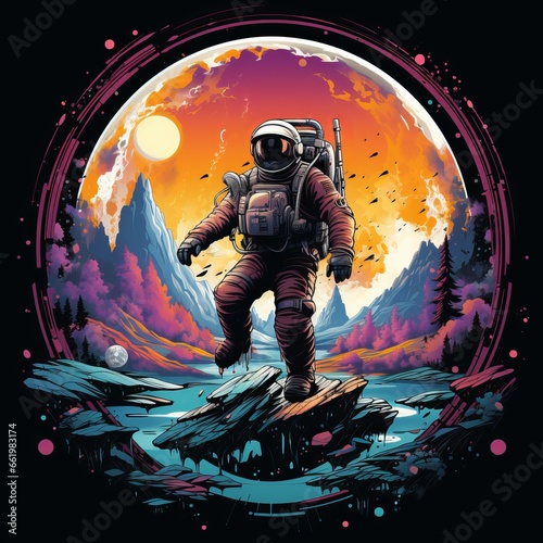 Astronaut in space, man in a spacesuit floating in the galaxy, Concept: illustration of a man in zero gravity. Mockup design for t-shirt or postcard