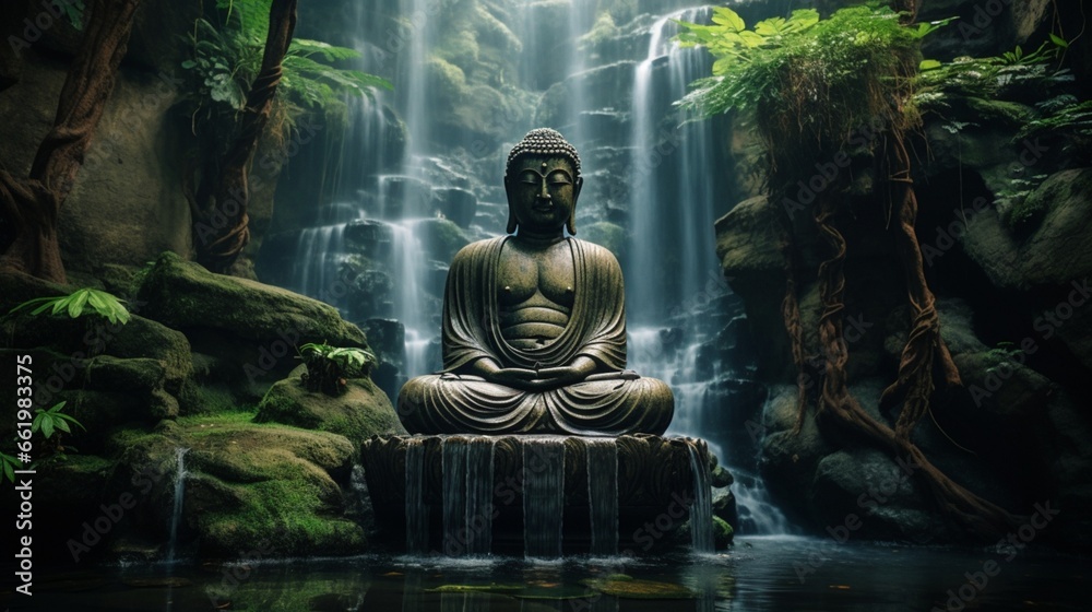 A tranquil waterfall cascading behind a meditating Buddha sculpture. - obrazy, fototapety, plakaty 