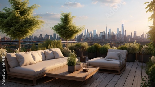 A tranquil rooftop garden oasis with lush greenery, comfortable seating, and panoramic views of the city skyline.