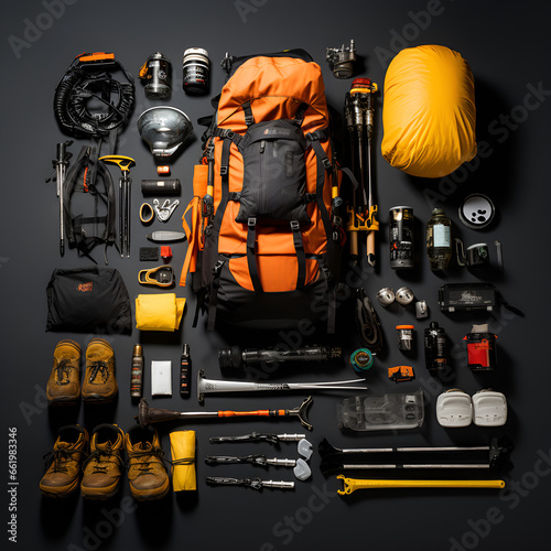orange bag camping bag camping equipment travel equipment component on a black background Generative AI
