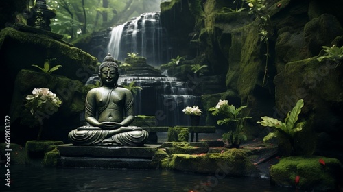 A tranquil waterfall cascading behind a meditating Buddha sculpture.