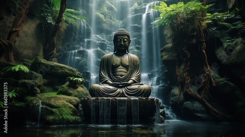 A tranquil waterfall cascading behind a meditating Buddha sculpture. photo