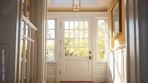 A transom window above a door, allowing extra light into the hallway. photo