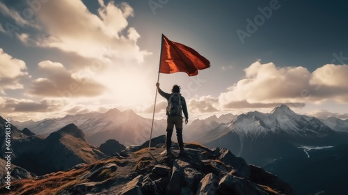 Rear view, Success leadership concept, Man standing on top of mountain with flag. © visoot