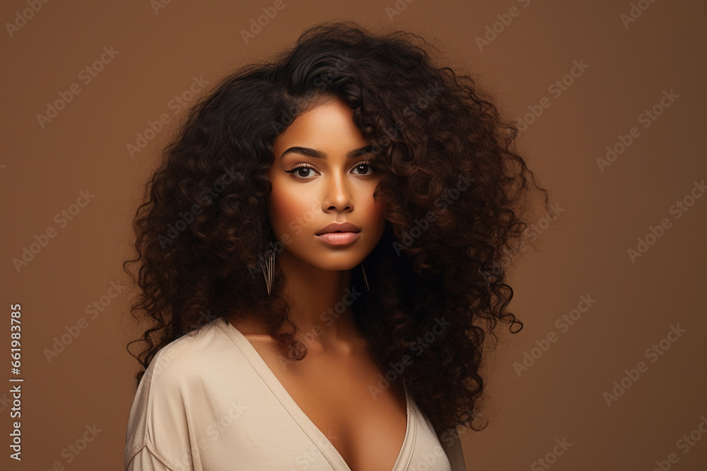 Portrait of young beautiful black woman on beige background. Natural beauty. Portrait of young beautiful black woman on beige background. Natural beauty.