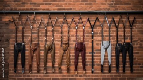 A variety of men's suspenders hung against a brick wall.