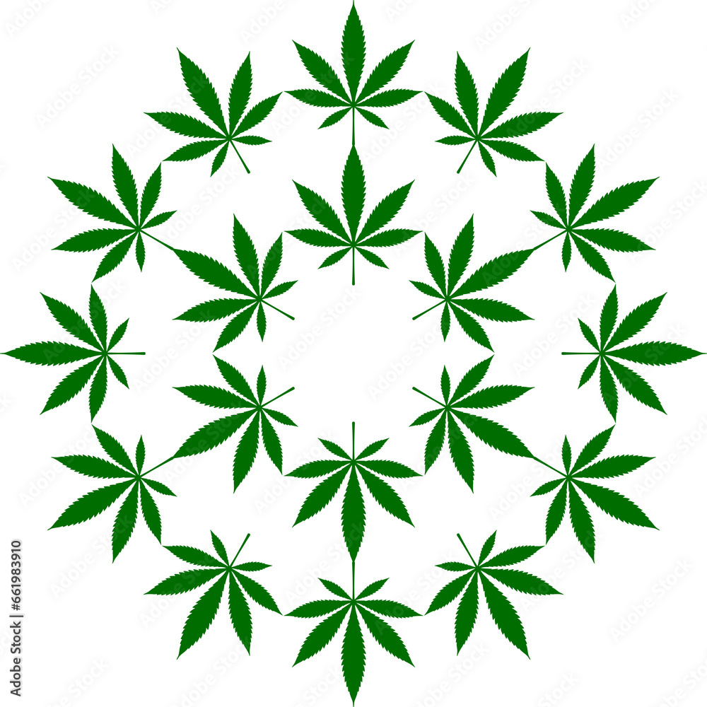 Cannabis also known as Marijuana Plant Leaf Silhouette Circle Shape Composition, can use for Decoration, Ornate, Wallpaper, Cover, Art Illustration, Textile, Fabric, Fashion, or Graphic Design Element