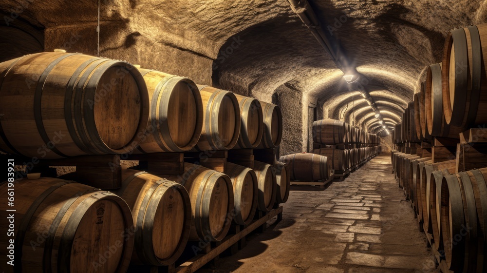 A tunnel filled with wooden barrels