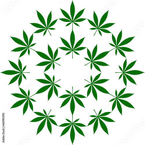 Cannabis also known as Marijuana Plant Leaf Silhouette Circle Shape Composition, can use for Decoration, Ornate, Wallpaper, Cover, Art Illustration, Textile, Fabric, Fashion, or Graphic Design Element © Berkah Visual