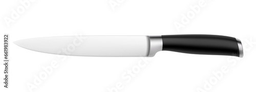 Chef's kitchen knife with black handle isolated on white background with clipping path. Knife with steel sharp blade. Top view. Kitchenware. Realistic 3D vector illustration. Mock up.