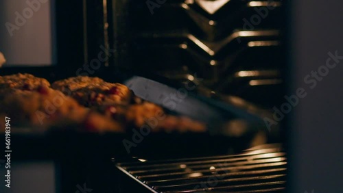 A young housewife in kitchen clothes takes ready-made cookies from the oven on a wooden table. A housewife takes out a baking tray with ready-made baked goods and uses a new recipe for making cookies.