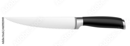 Chef's kitchen knife with a black handle isolated on a white background. 3d render of bread knife or professional kitchen utensils. Realistic vector illustration. Mock up.